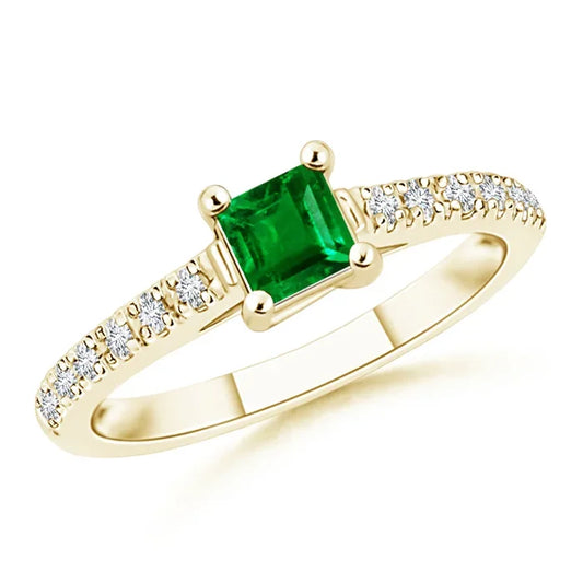 14K Solid Gold Solitaire Square Emerald Ring with Diamond Accents Handmade Customized Fine Jewelry Wedding Engagement Ring