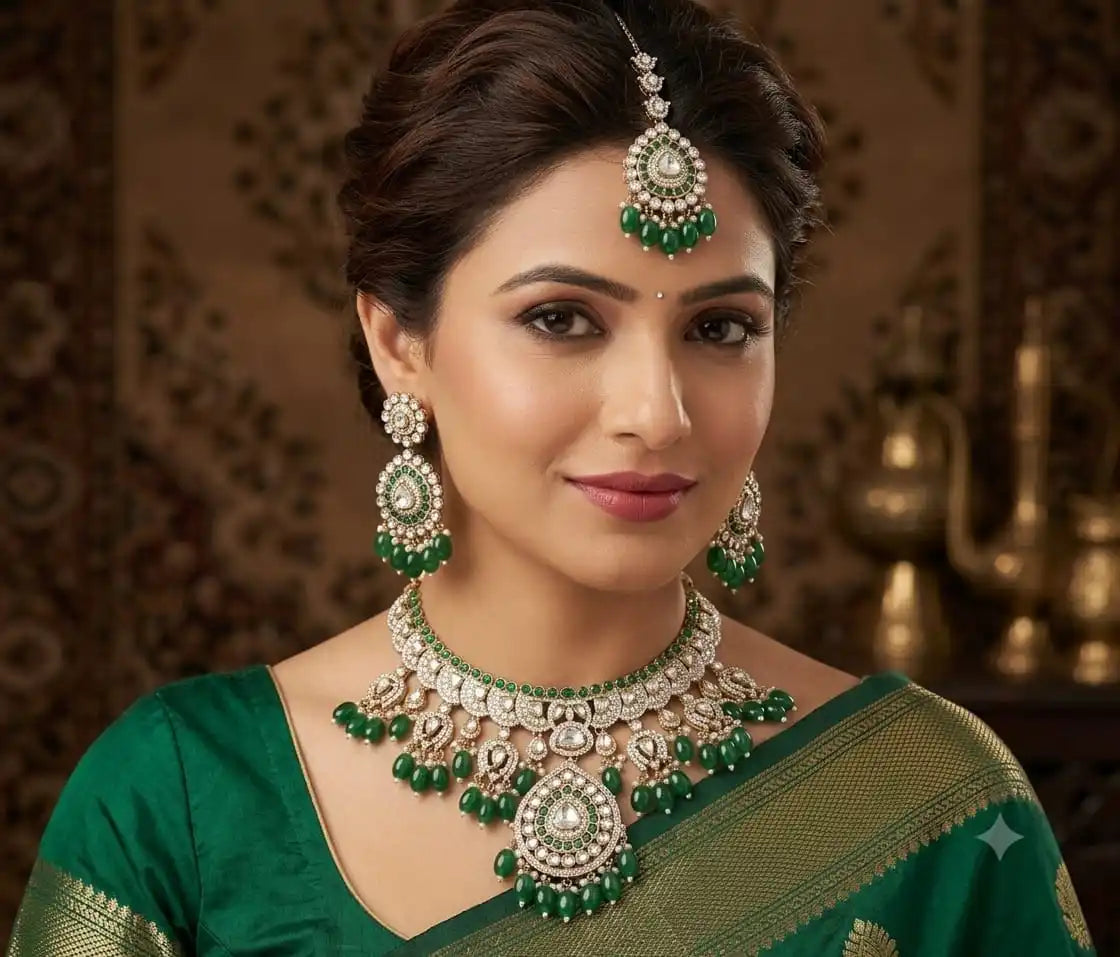 Wholesale Prime Polki Kundan Choker Necklace Set with Earrings and Maang Tikka Bridal Wedding Party Wear Gold Plated Jewelry