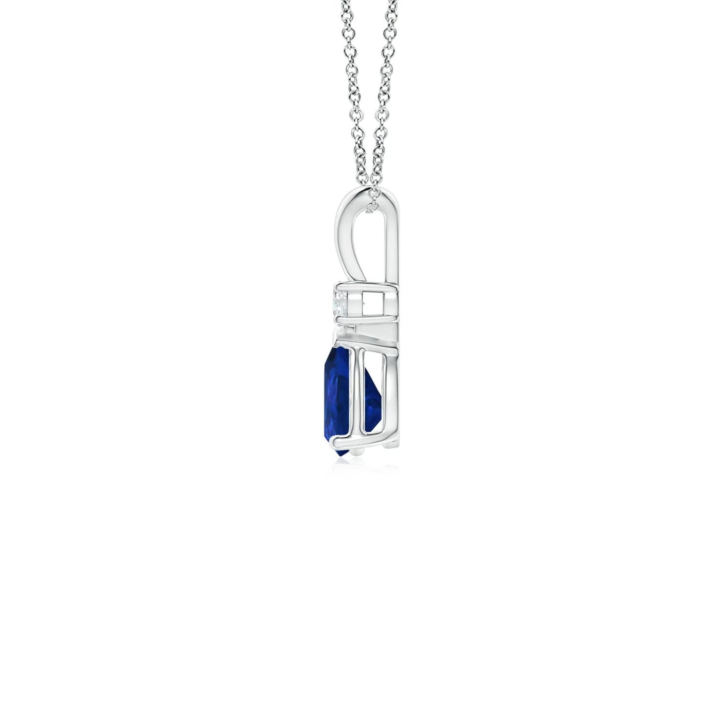 14K Gold IGI Certified Natural Blue Sapphire Prong-Set Teardrop V-Bale Pendant With Round Diamond Fine Jewelry Necklace For Girl