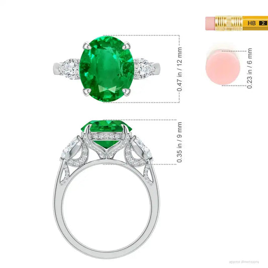 14K Solid Gold Oval Emerald and Sideways Pear Diamond Three-Stone Engagement Ring Handmade Customized Fine Jewelry Wedding