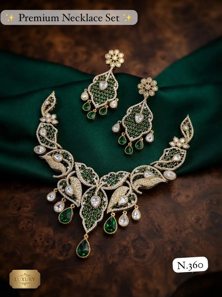 Elegant Emerald Leaf Necklace Set Gold Plated Green Stone Bridal Wedding Party Luxury Jewelry Set for Women Gift Wear