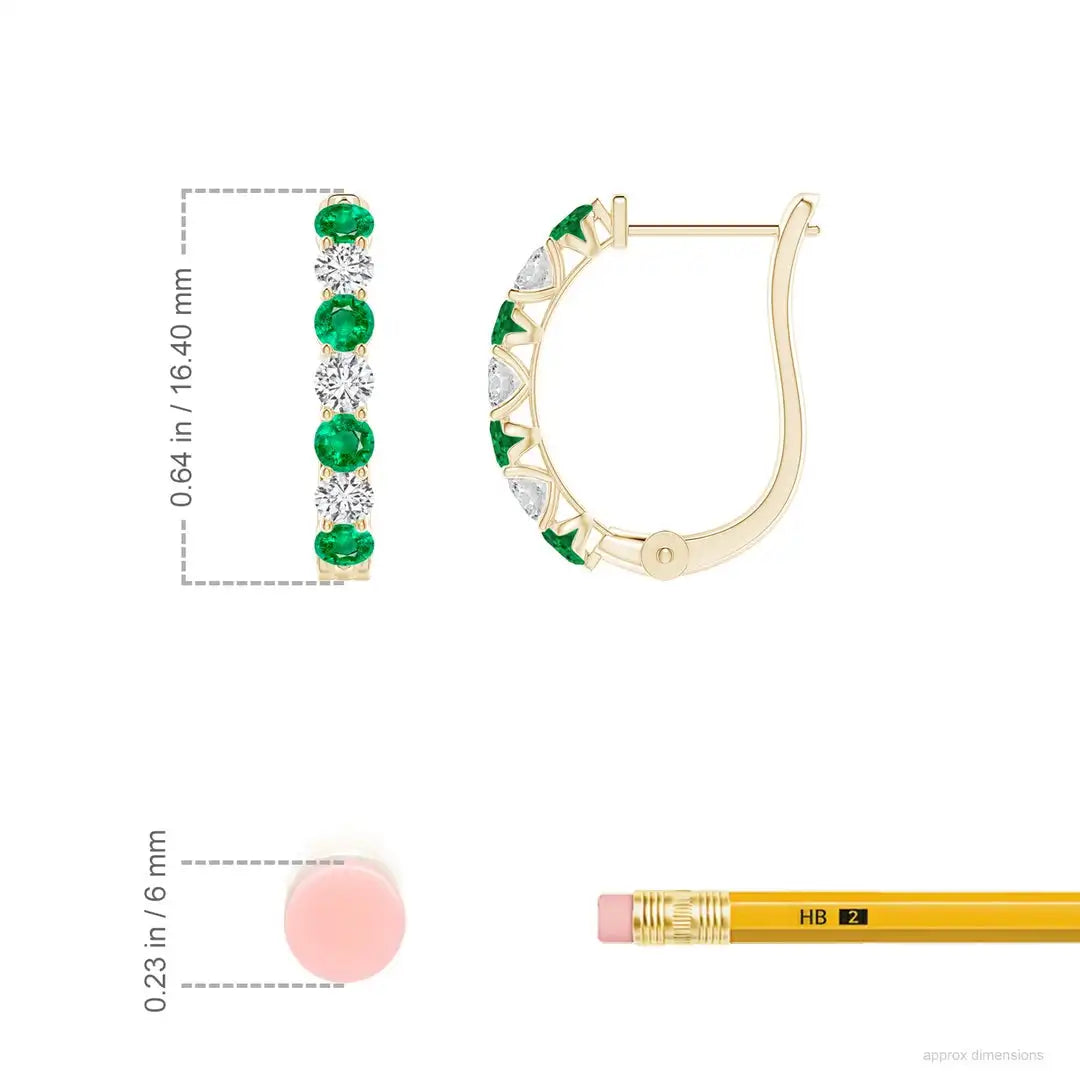 Classic 14kt Solid Gold Hoop Earrings With Emerald And Round Brilliant Cut Diamond Claw Setting Women's Jewelry