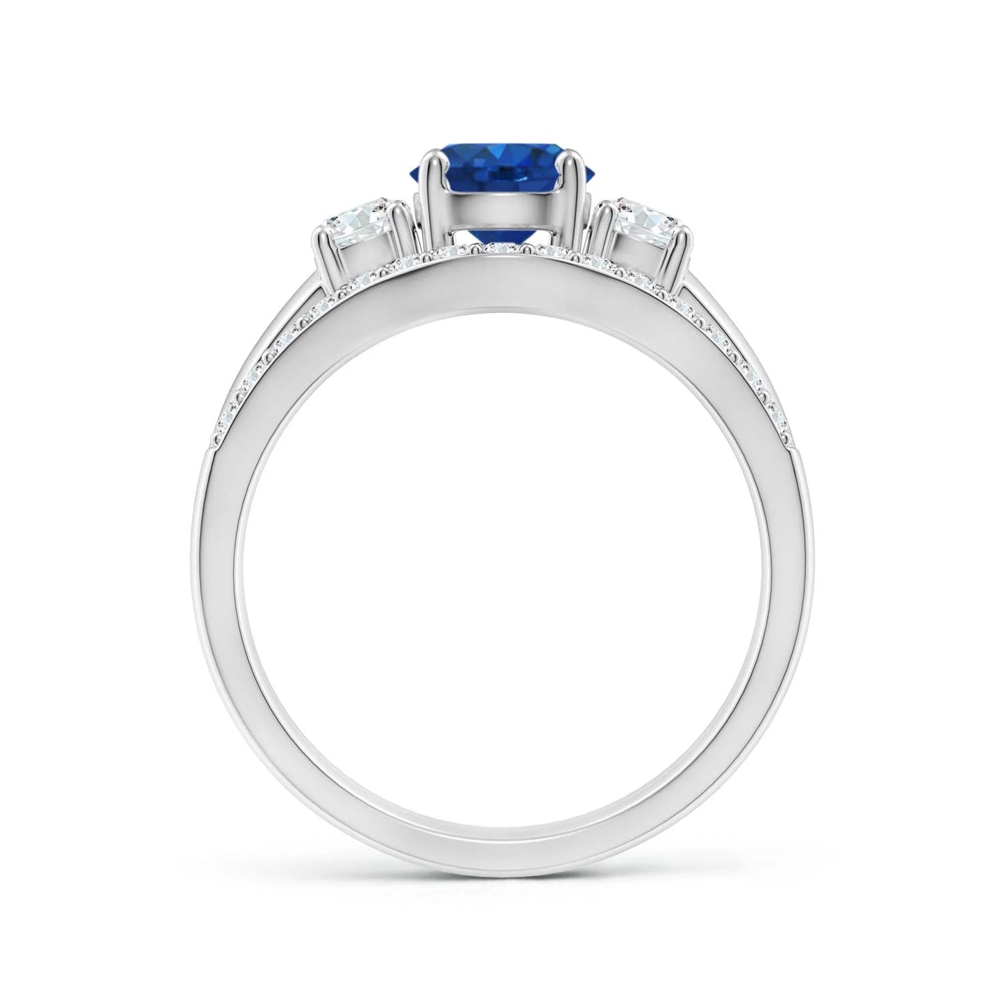 14K Solid Gold Natural Blue Sapphire & Diamond Three Stone Ring With Pave Set Diamond Band Bridal Set Fine Jewelry Wedding Ring