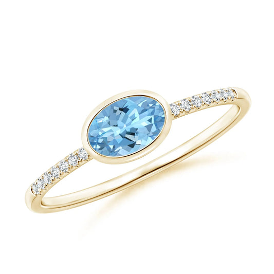 14K Gold East-West Bezel-Set 6*4MM Oval Cut Aquamarine And Pave Diamond Ring 0.50Ctw Gemstone & 0.05Ct Diamond Solitaire Ring