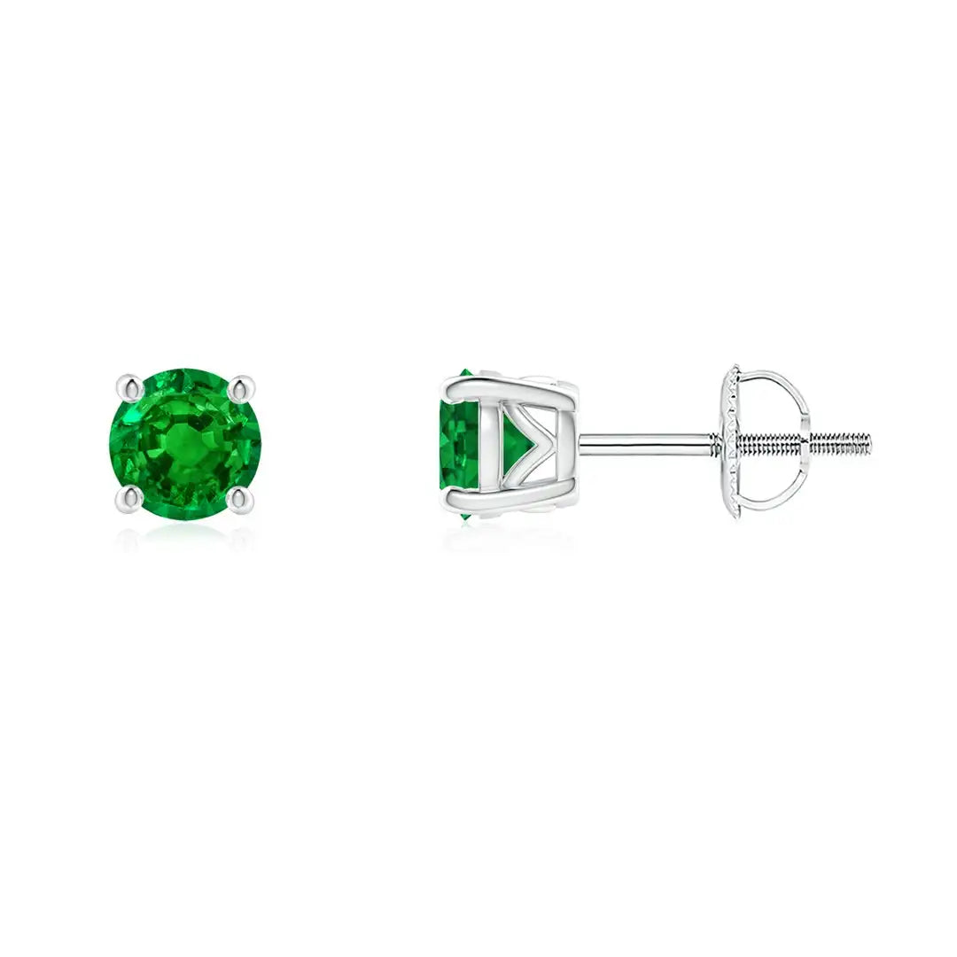 Round-Cut AAAA Natural Emerald Gemstone Studs Earrings, 14kt Yellow Gold Minimalist May Birthstone Screw Back 4 Prong Earring