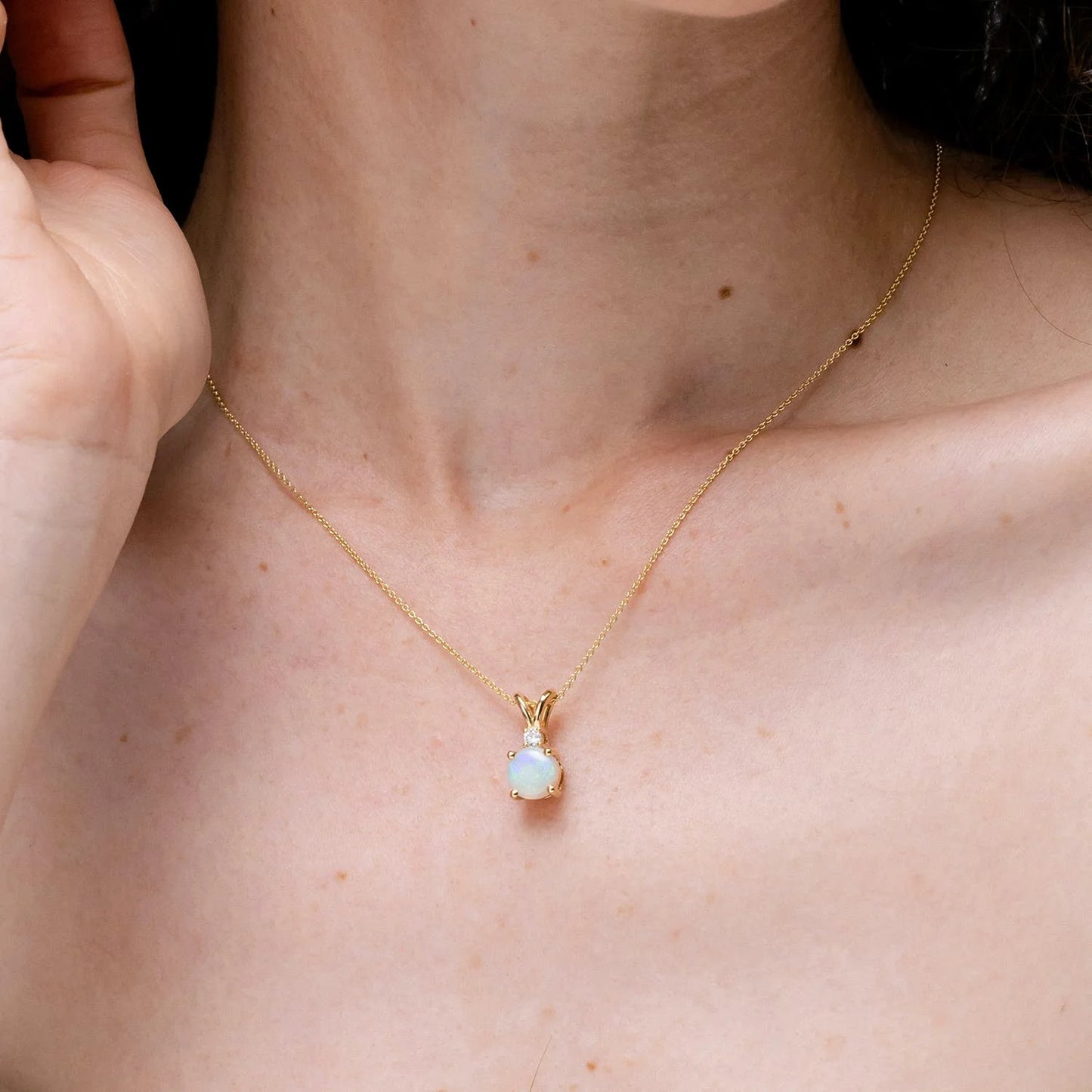 Premium Quality Natural Gemstone & Diamond 2 Stone Pendant 14K Gold Round Opal Solitaire V-Bale Pendant with Diamond Necklace