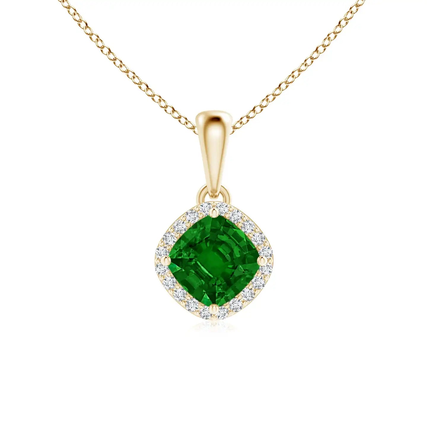 14K Solid Gold Sideways Cushion Cut Natural Green Zambian Emerald And Diamond Halo Pendant Link Chain Necklace Certified Jewelry