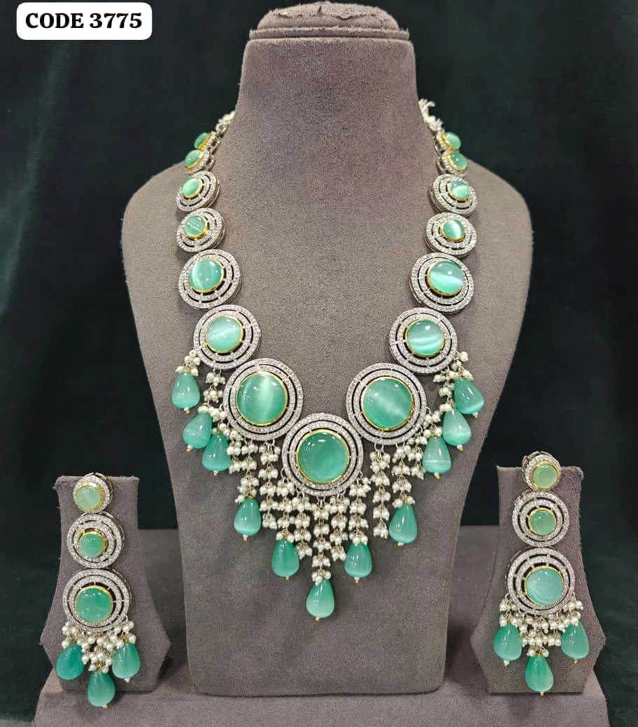 Luxury Aqua Stone Long Statement Necklace Set for Women Wedding Party Designer Ethnic Jewelry Gift Collection Premium Set