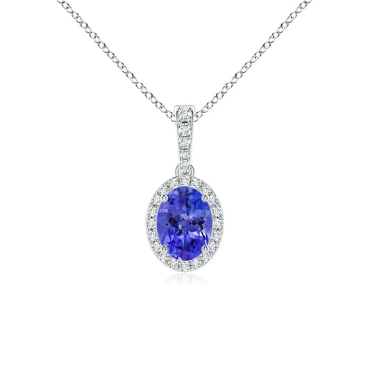 14K Solid Gold Vintage Style Oval Cut Natural Tanzanite With Diamond Halo Pendant Handmade Fine Jewelry Customized Pendant OEM