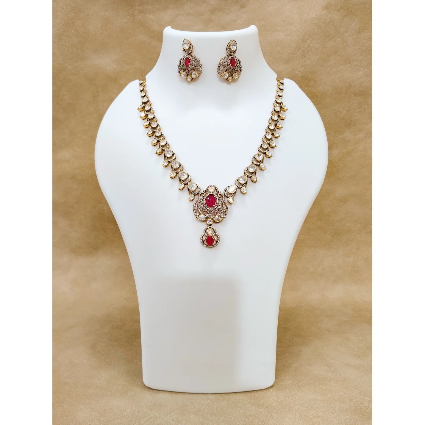 925 Silver Victorian Polki CZ Ruby Floral Pendant Necklace Earring Set Indian Bridal Handmade Antique Gold Plated Ethnic