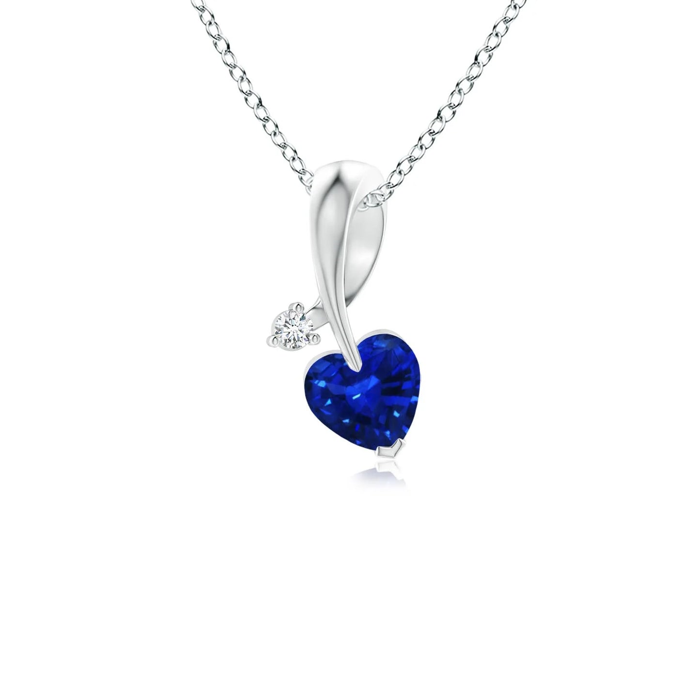 2.63 Gram 14K Gold Heart-Cut Natural 0.2 Ct Blue Sapphire Ribbon Design Pendant With Round Cut 0.01Ct Diamond Handmade Jewelry