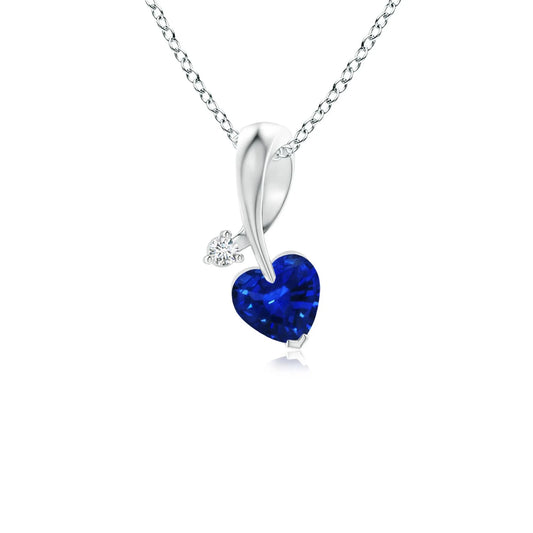 2.63 Gram 14K Gold Heart-Cut Natural 0.2 Ct Blue Sapphire Ribbon Design Pendant With Round Cut 0.01Ct Diamond Handmade Jewelry