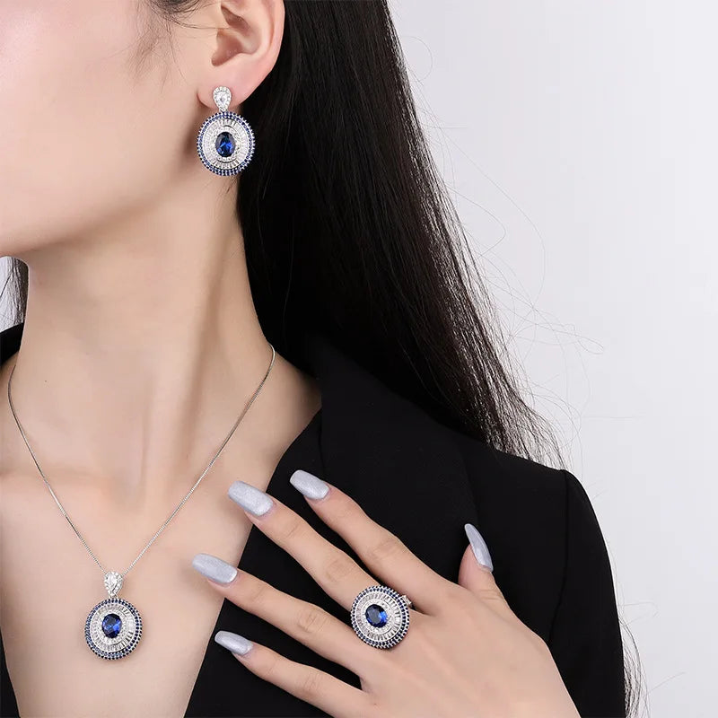 Gemfiori New Luxury Vintage Timeless Triple Layer Halo Design Jewelry Set for Women Oval Cut Blue Gem Halo Pendant Necklace Earrings Ring