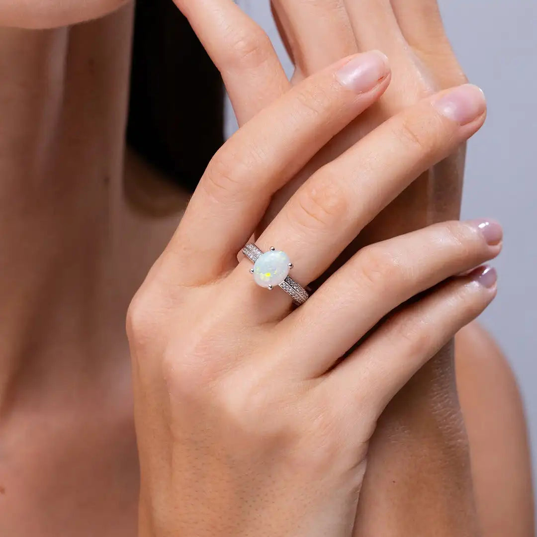 14K Pure Gold Classic Oval Cut Natural Ethiopian Opal Knife Edge Ring Pave Setting Round Cut Accent Diamond Dual Side Band Ring