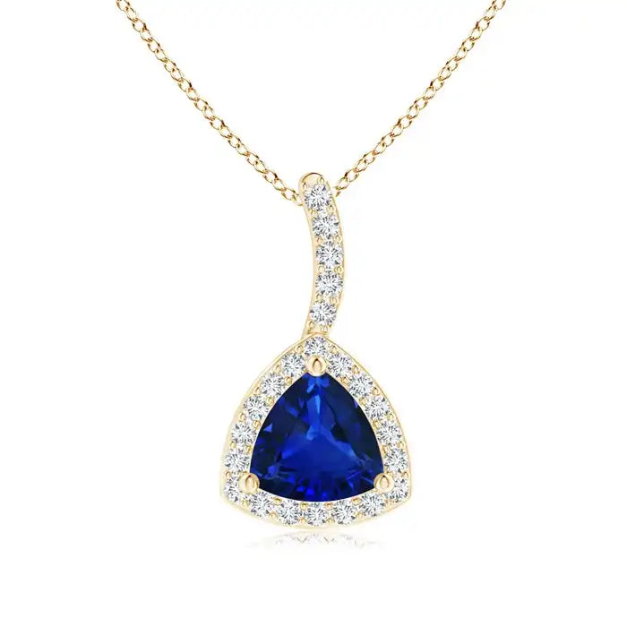 Top Quality 3.17G 14K Gold Natural 5MM Trillion Cut 0.43Ctw Blue Sapphire Halo Diamond Pendant With Curved Bale Handmade Pendant