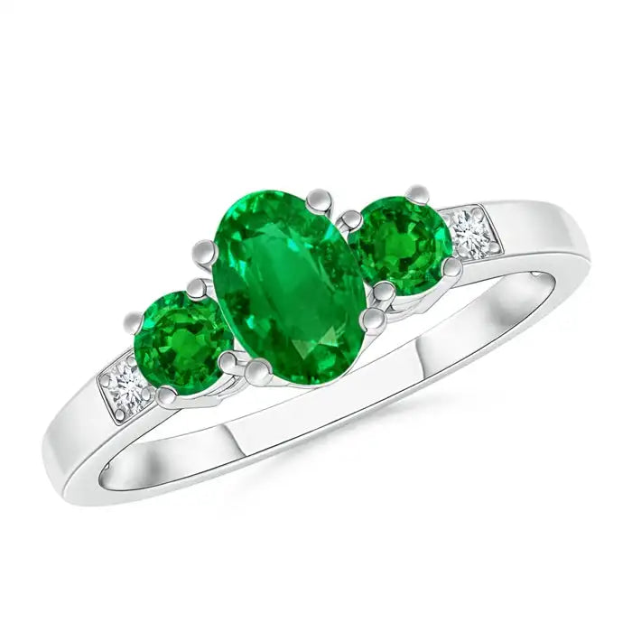 14K/18K Solid Gold Certified Natural Green Emerald Three Stone Engagement Ring with Accent Diamond Fine Jewelry Handmade Ring