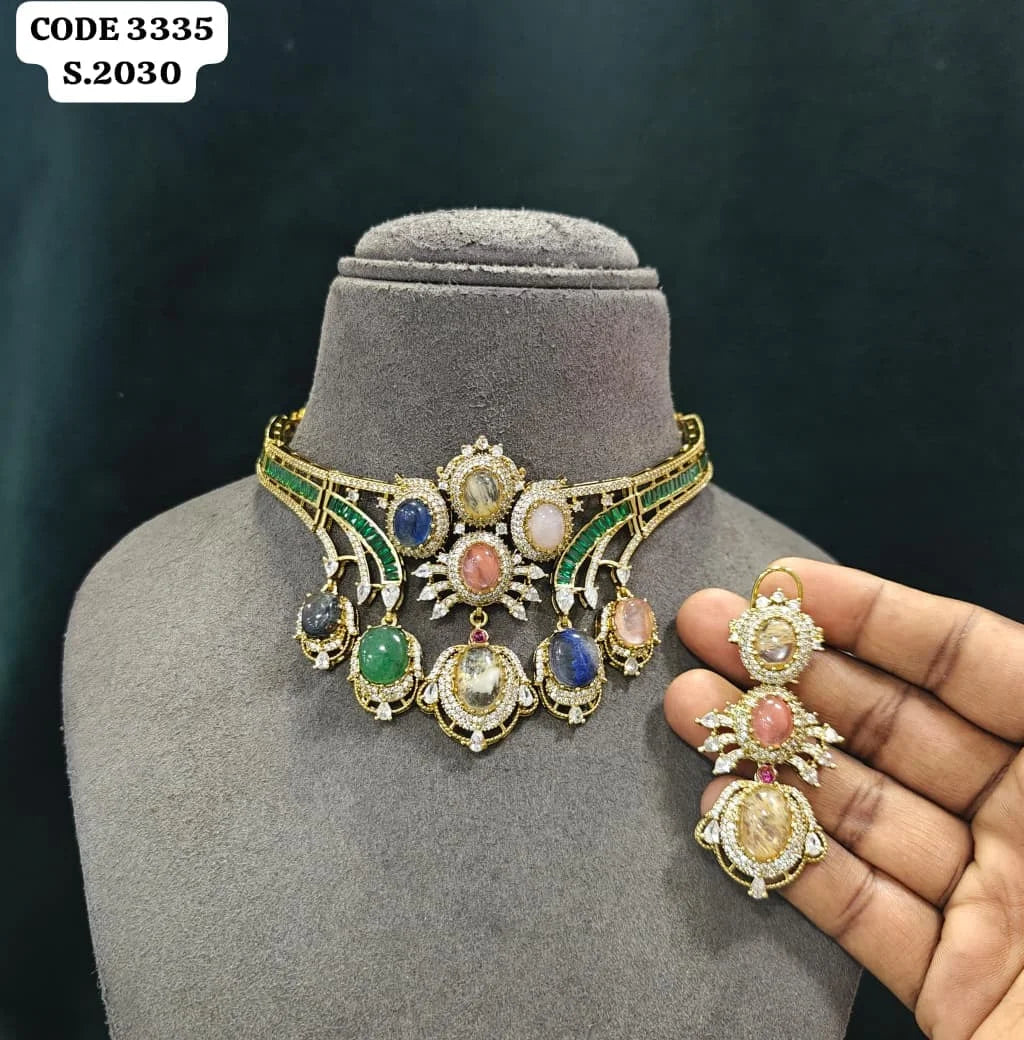 Luxury Multi Stone Bridal Choker Necklace Set for Women Wedding Party Designer Ethnic Jewelry Gift Collection Premium Set