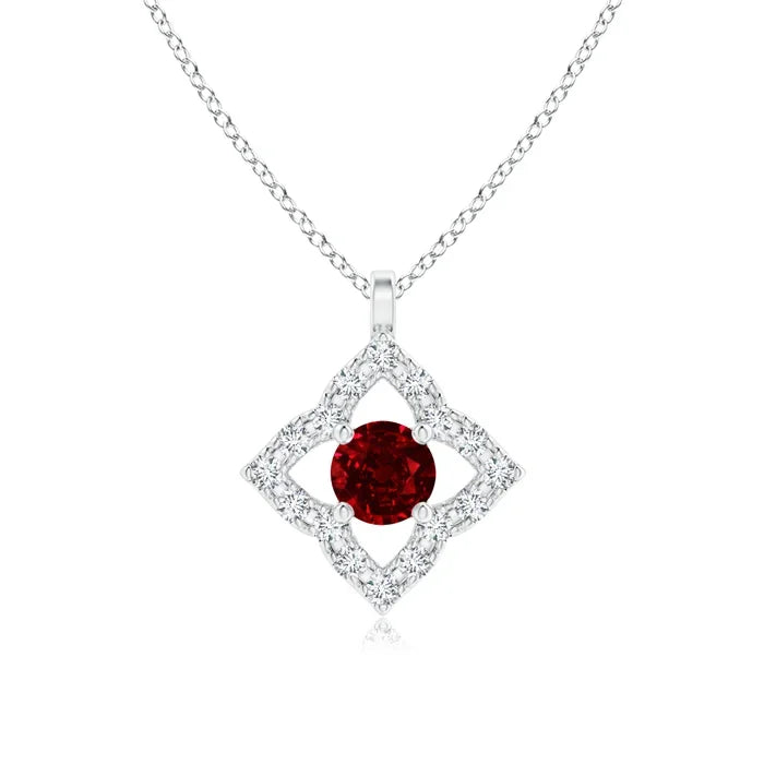 14K Pure Gold Vintage Inspired Natural Red Ruby Solitaire in Hollow Clover Pendant Handmade IGI Certified Diamond Clover Pendant