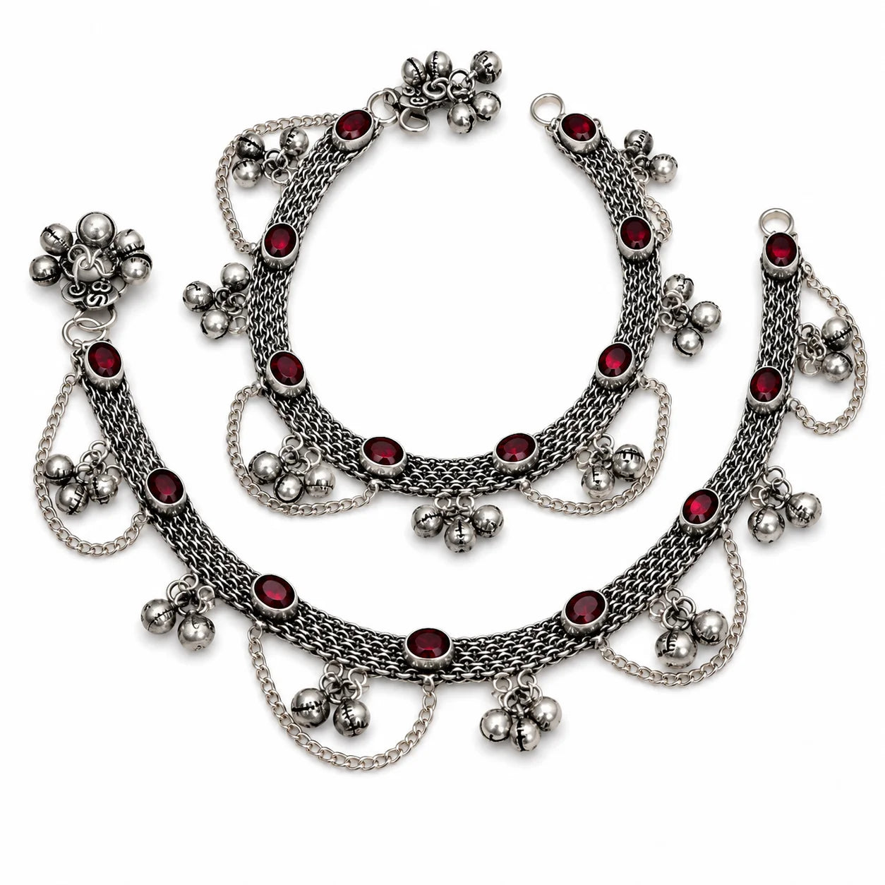 MOQ Available Oxidized Silver Payal Anklet Garnet Red Stones Ghungroo Traditional Rajasthani Wedding Gift Wholesale Supplier