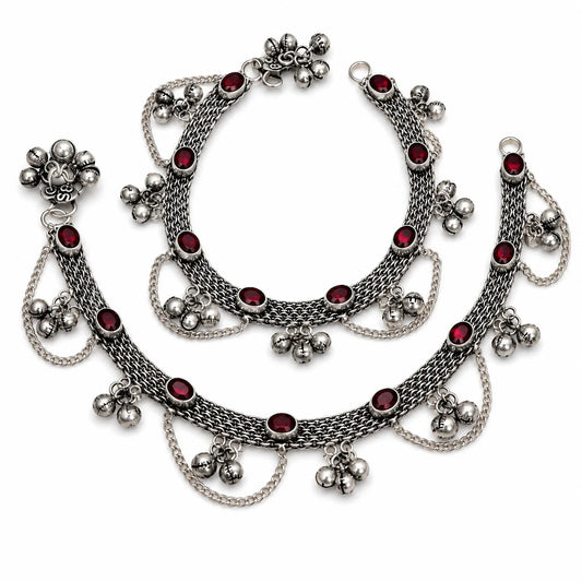 MOQ Available Oxidized Silver Payal Anklet Garnet Red Stones Ghungroo Traditional Rajasthani Wedding Gift Wholesale Supplier