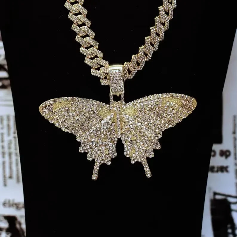 BiG-BOSS Gold Butterfly Pendant for Men Iced Out Moissanite Cuban Link Hip Hop Jewellery
