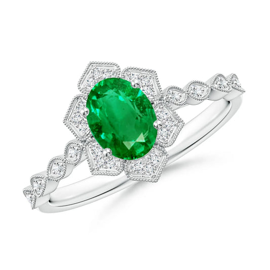 14K Pure Gold Oval Cut Emerald Trillium Floral Shank Engagement Ring Stunning Bridal Wear Fine Jewelry Halo Cluster Ring For Her