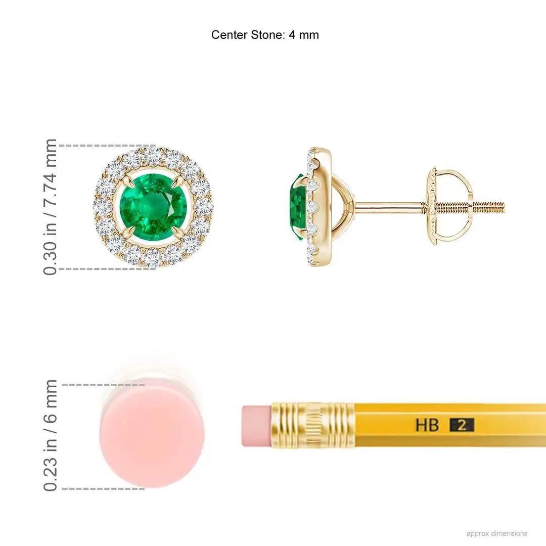 Green Emerald Stud Earrings in Halo Diamonds 14kt Yellow Gold with Minimalist Prong Setting Wedding Jewelry Gift for Fiance