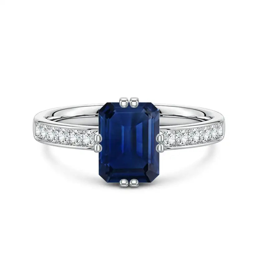 14K Solid Gold Emerald-Cut Blue Sapphire Engagement Ring with Double Flat Prongs Handmade Customized Fine Jewelry Wedding