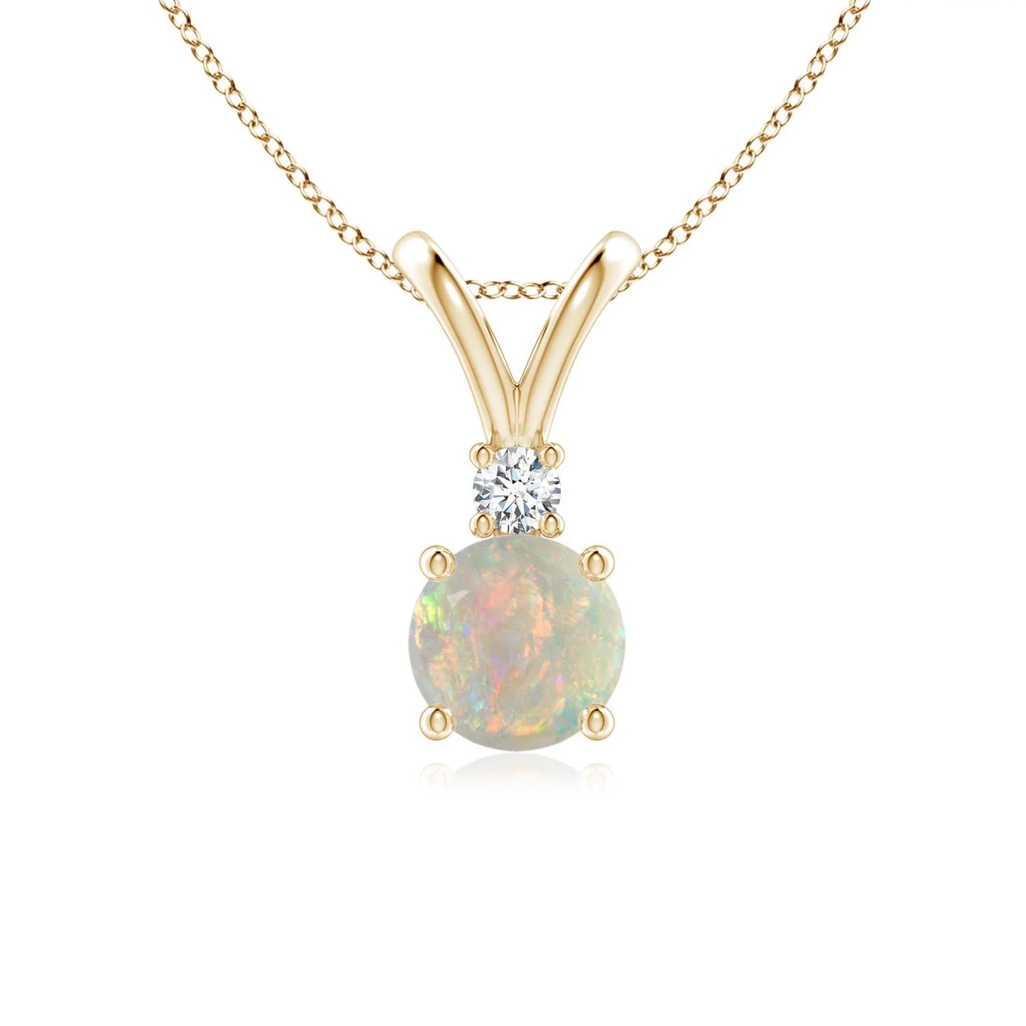 Premium Quality Natural Gemstone & Diamond 2 Stone Pendant 14K Gold Round Opal Solitaire V-Bale Pendant with Diamond Necklace