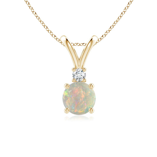 Premium Quality Natural Gemstone & Diamond 2 Stone Pendant 14K Gold Round Opal Solitaire V-Bale Pendant with Diamond Necklace