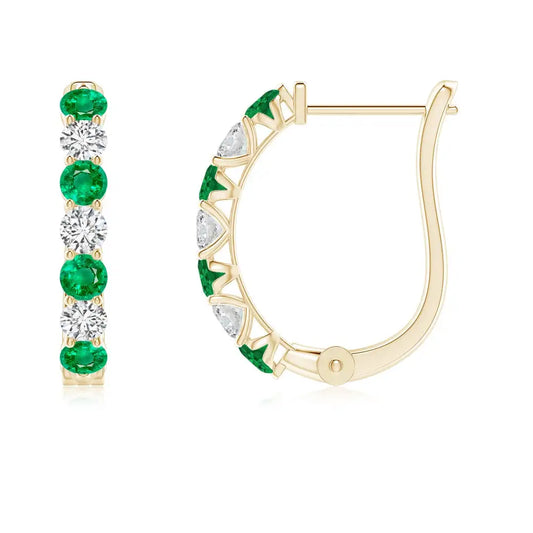 Classic 14kt Solid Gold Hoop Earrings With Emerald And Round Brilliant Cut Diamond Claw Setting Women's Jewelry