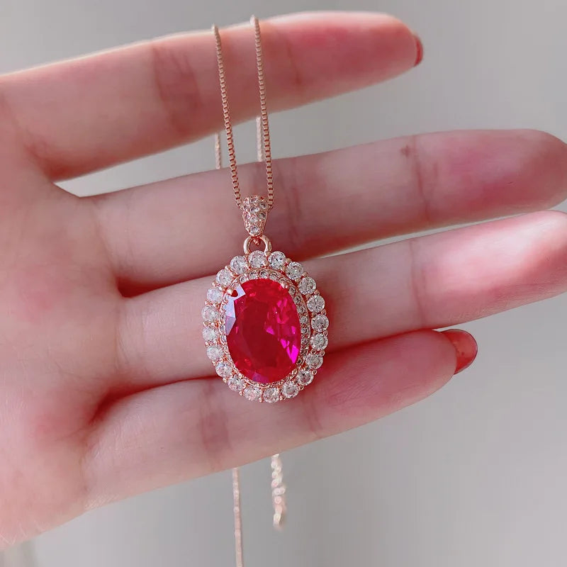 Gemfiori Luxury Brass Gold Plated Bridal Jewelry Wedding Vintage Full Zircon Oval Red Lab Diamond Necklace Drop Earrings Ring Jewelry Set