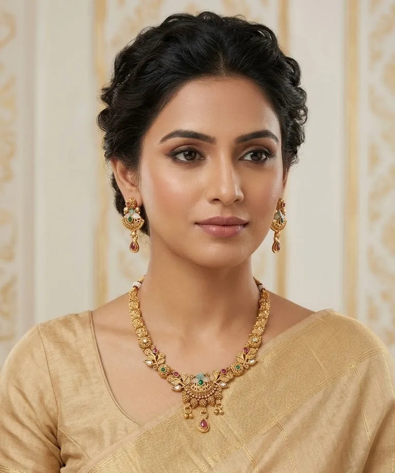 DIVYORO Gold Plated Ethnic Fashion Jewelry Necklace and Earring Set with Intricate Drops