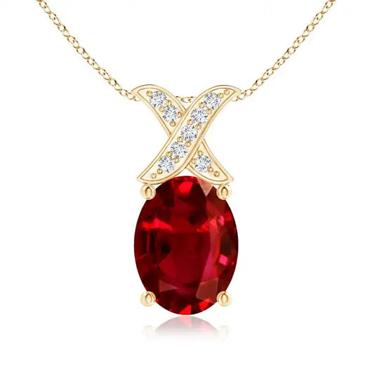 14K Solid Gold Natural Oval Cut Red Ruby X Shape Diamond Inlaid Pendant Unisex Fine Jewelry Birthstone Luxury Handmade Pendant