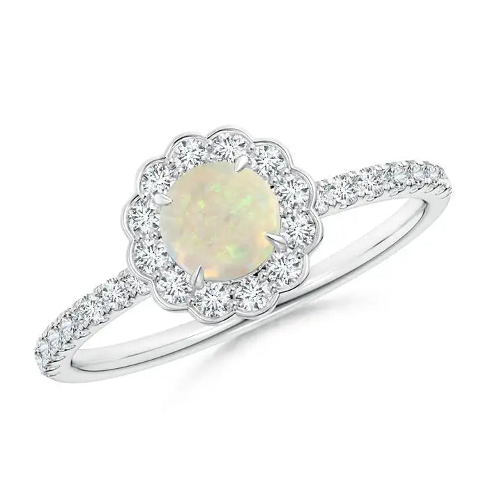 Elegant 14K 18k Gold Natural Ethiopian Opal & Diamond Floral Cluster Ring Vintage Style Halo Pave Accent Diamond Engagement Ring