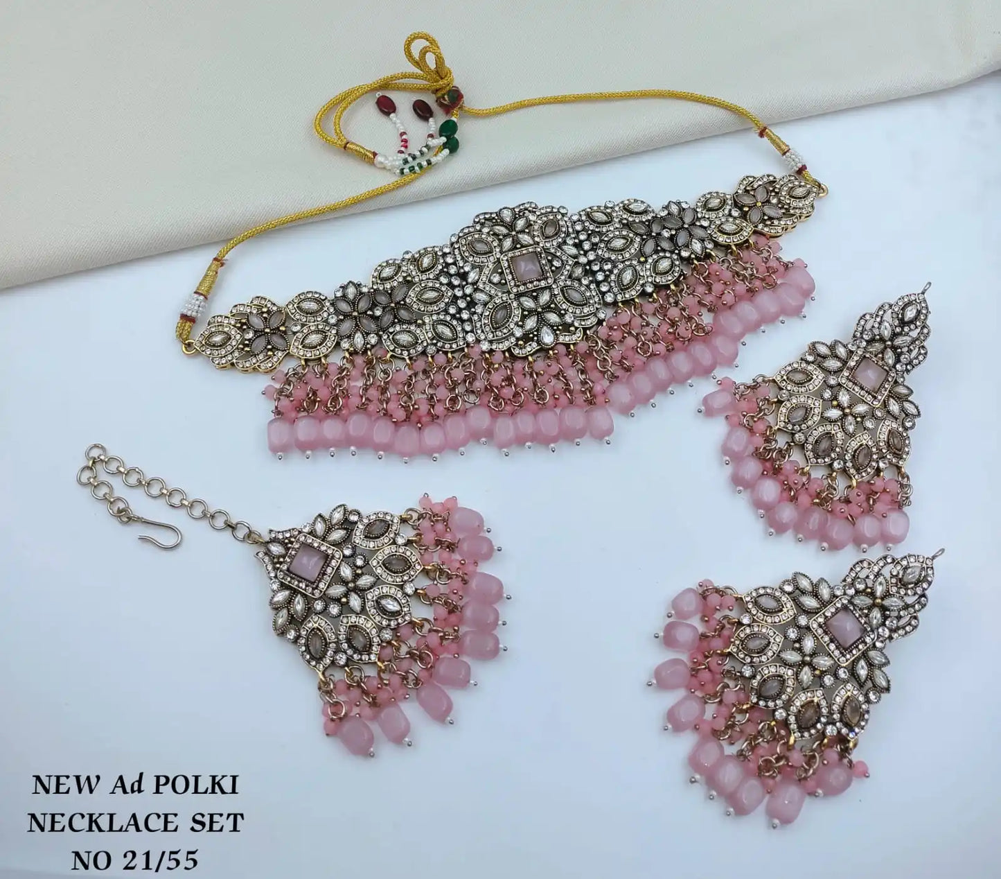 Luxury Pastel Pink Mint Green AD Choker Necklace Set with Matching Earrings and Maang Tikka Cubic Zirconia Silver Plated Bridal