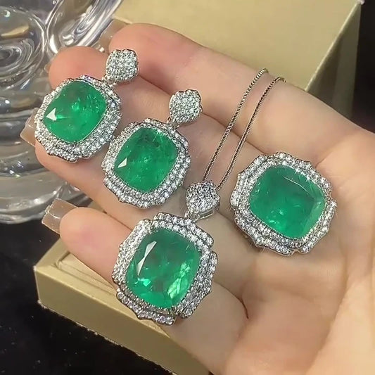 Gemfiori New Luxury Rectangle Cut Simulated Emerald Jewelry Set Platinum Plated Zircon Pendant Necklace Ring Drop Earring Wedding Jewelry