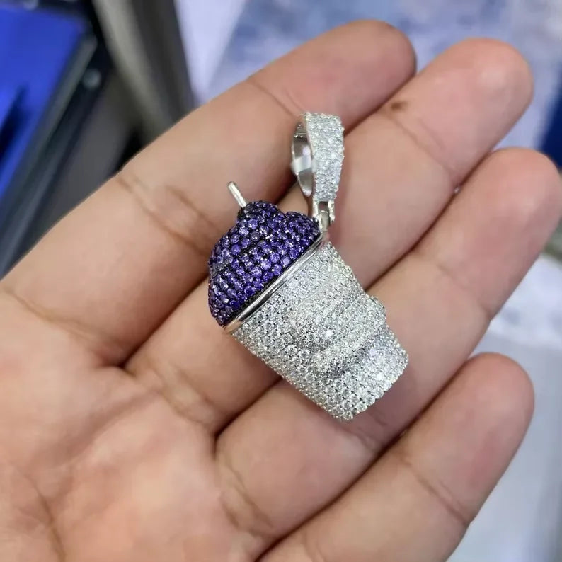BiG-BOSS Iced Out Purple Cup Pendant Necklace for Men Hip Hop Moissanite and 925 Silver