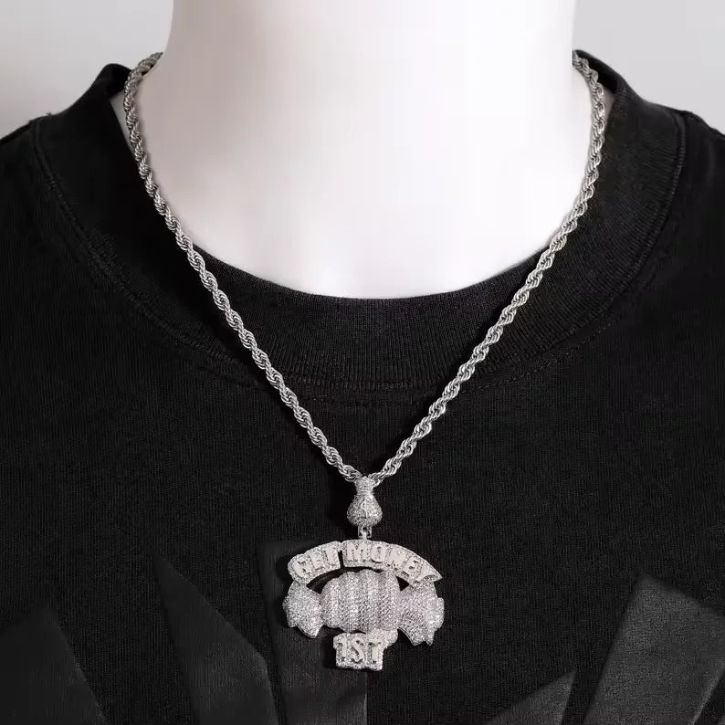 BiG-BOSS 925 Silver Get Money Pendant Necklace for Men Iced Out Moissanite Hip Hop Statement Jewellery