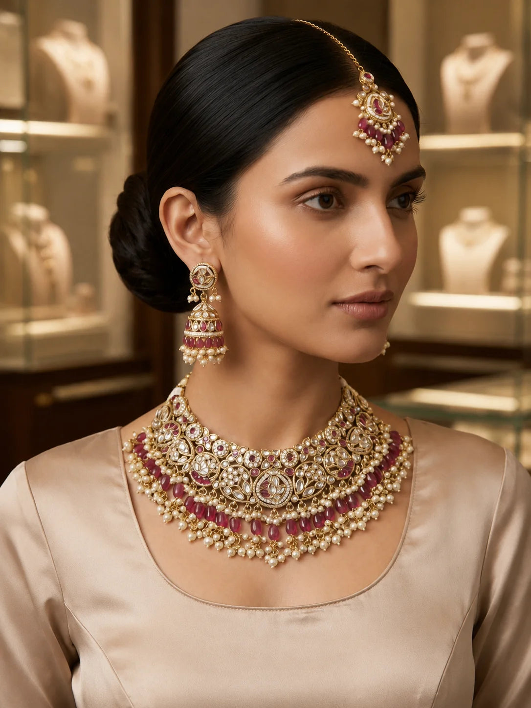 Luxury Kundan Pearl Ruby Beaded Bridal Choker Necklace Set Traditional Indian Wedding Jewelry for Women