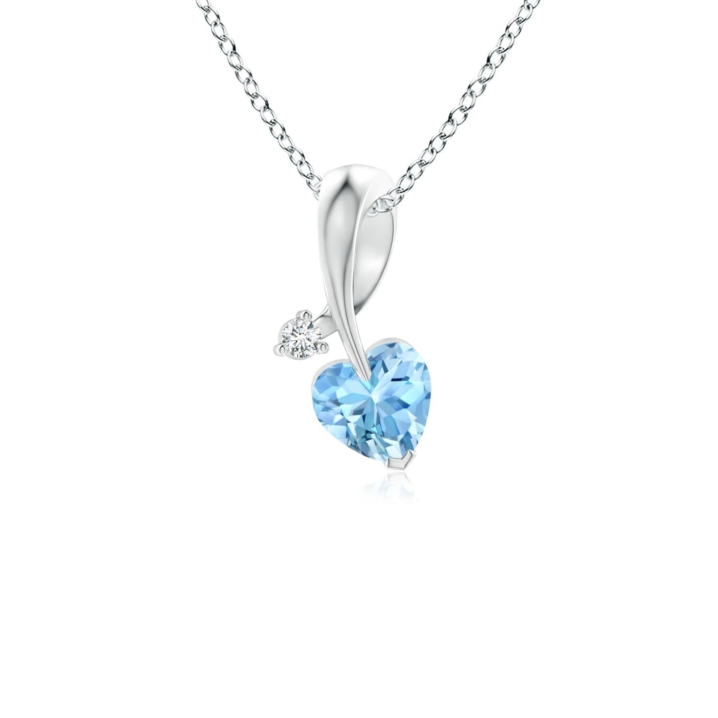 Natural Heart Cut Aquamarine And Round Cut Diamond in Ribbon Style Bale 14K Gold Pendant IGI Certified Gemstone Pendant Necklace