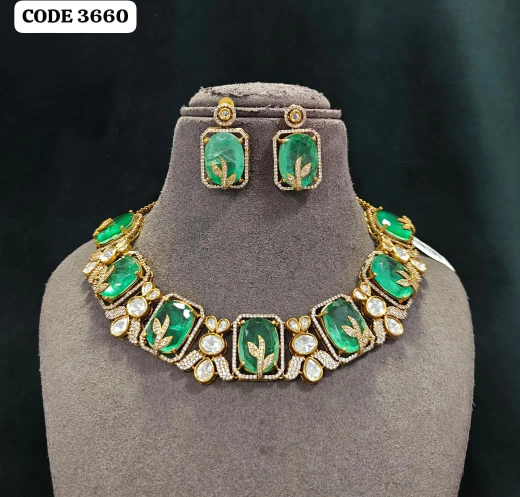 Luxury Emerald Green Leaf Designer Necklace Set with Geometric Stones Floral Motif Party Wedding Jewelry for Women set