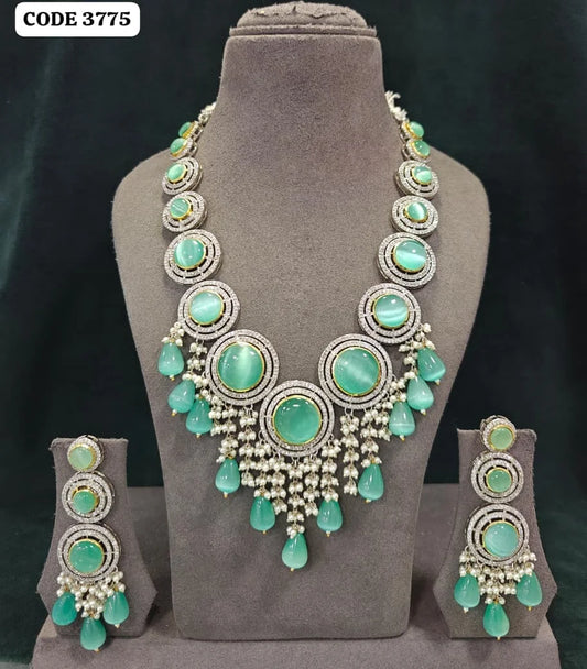 ELEGANZA Luxury Aqua Stone Long Statement Necklace Set for Women Wedding Party Designer Ethnic Jewelry Gift Collection Premium Set
