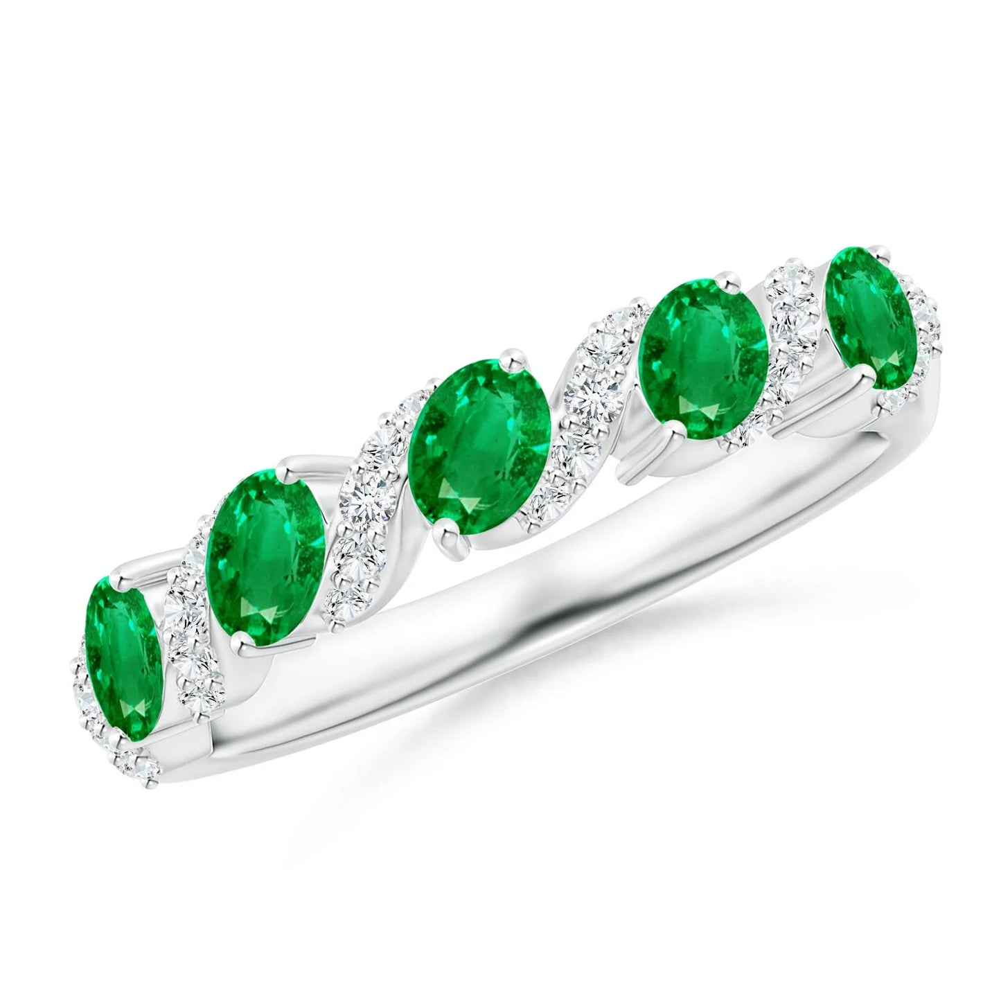 14K Solid Gold Oval Cut Five Stone Natural Green Emerald Swirl Ring with Diamonds High Quality Fine Jewelry Half Eternity Ring
