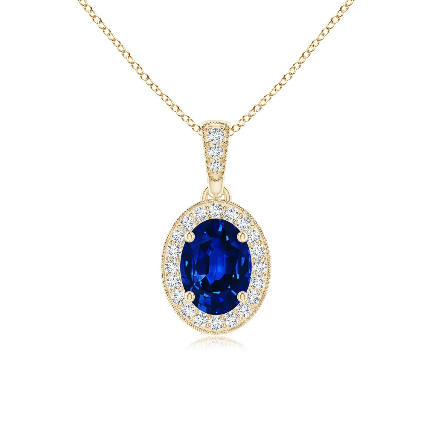 14k 18K Gold Vintage Style Oval Blue Sapphire Gemstone Pendant With Diamond Halo Sett Daily Wear Handmade Fine Jewelry Pendant