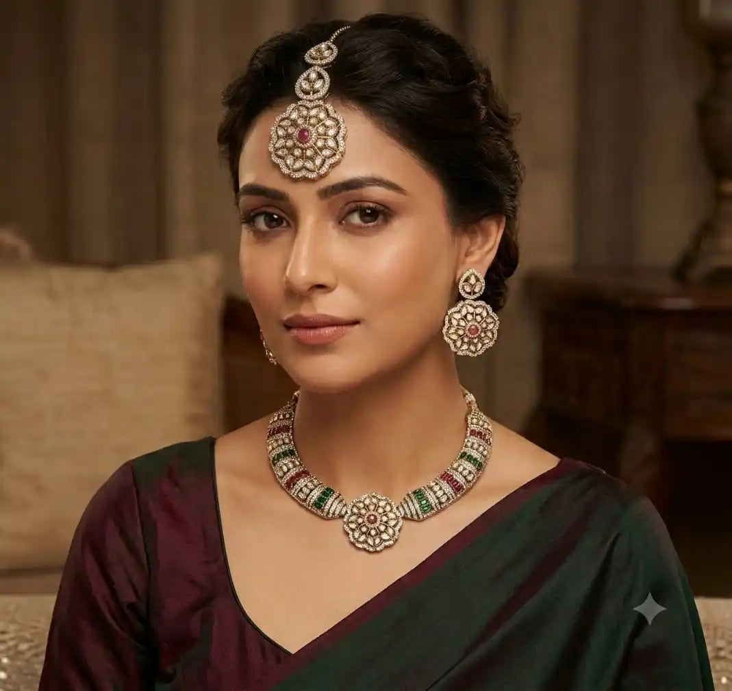 Luxury Ruby Emerald American Diamond Choker Necklace Set with Earrings and Maang Tikka Gold Plated Bridal Wedding Jewelry Set
