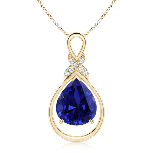14K Solid Gold Natural Pear Blue Sapphire Infinity Pendant With Diamond X Motif Classic Fine Jewelry Anniversary Gift For Her