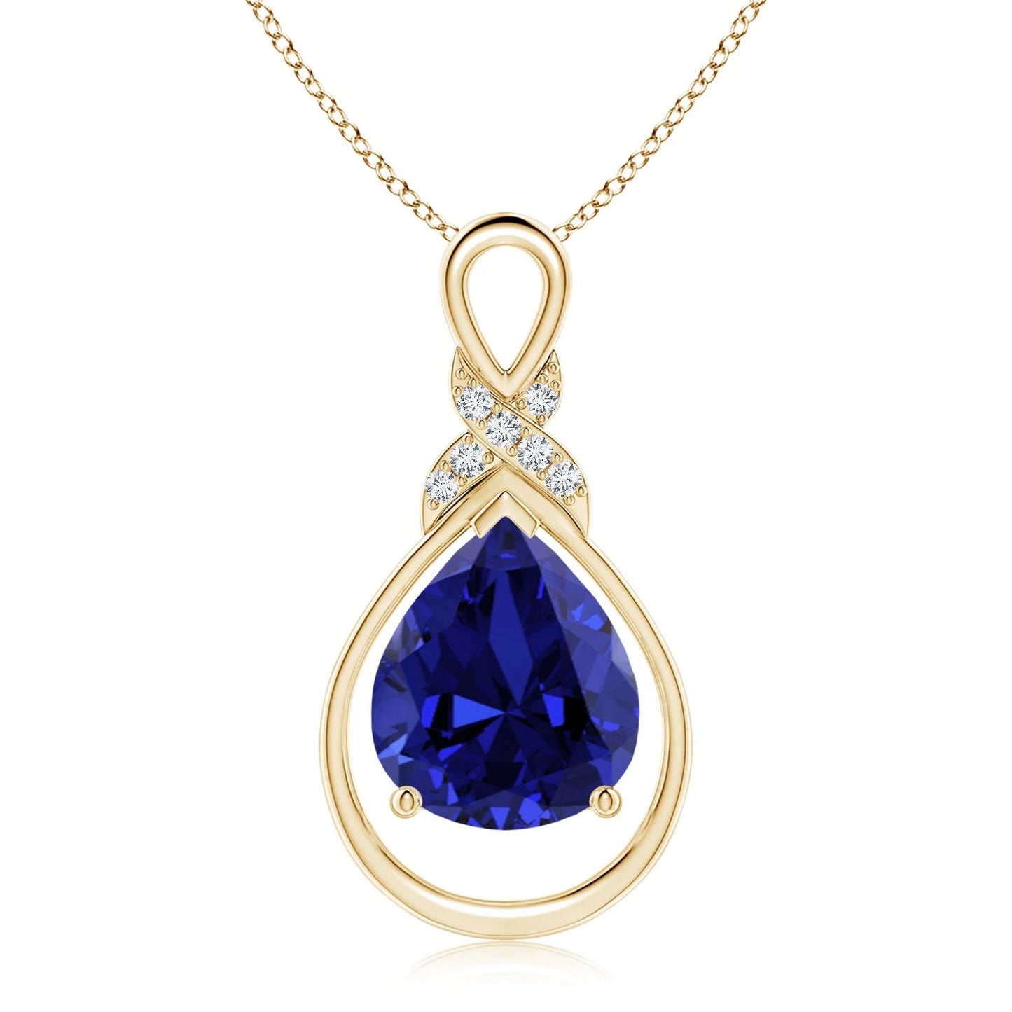 14K Solid Gold Natural Pear Blue Sapphire Infinity Pendant With Diamond X Motif Classic Fine Jewelry Anniversary Gift For Her