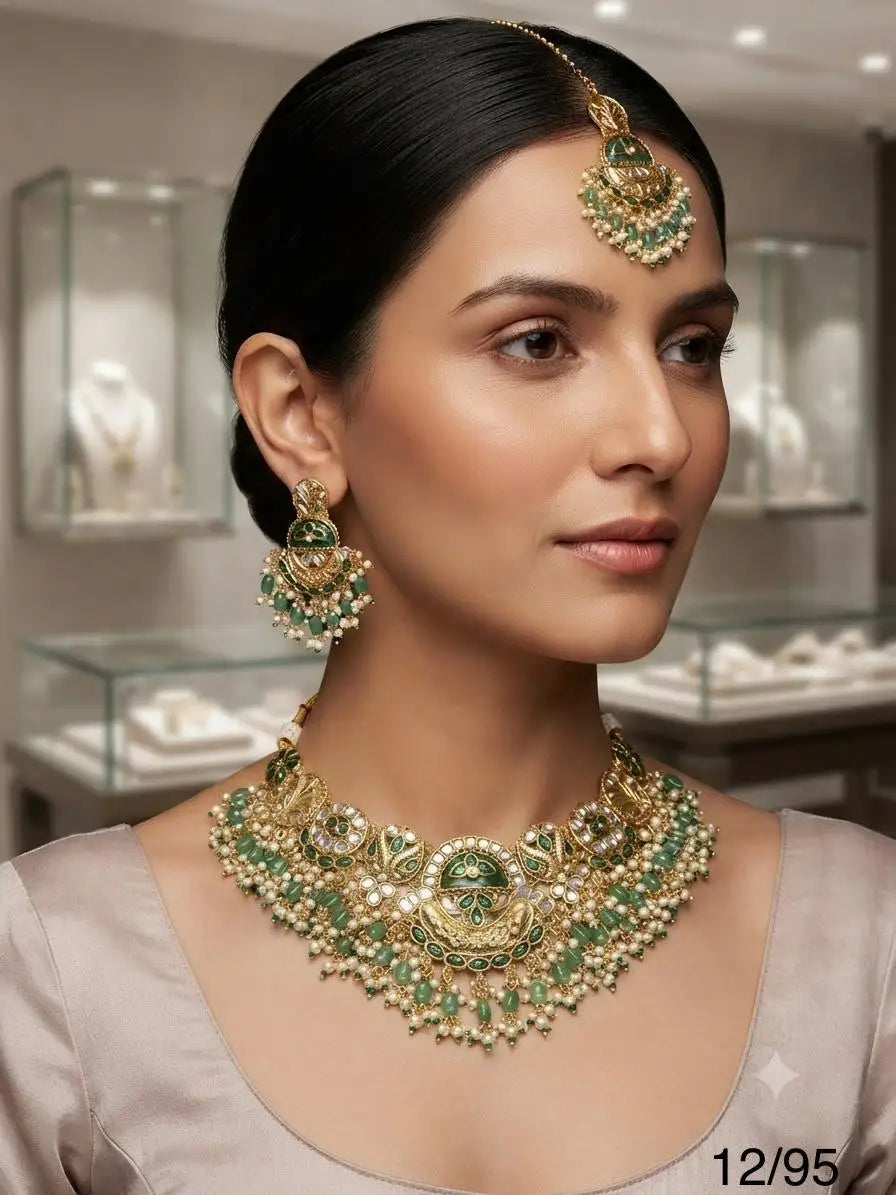 Luxury Green Copper Alloy Zircon Imitation Pearl Bridal Wedding Anniversary Gift Women's Traditional Ethnic Indian Necklace