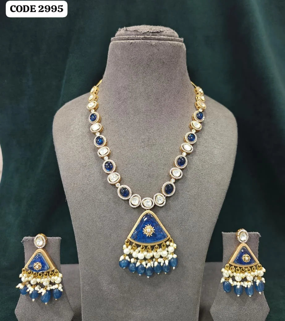 Luxury Purple Kundan Long Pendant Necklace Set with American Diamond Pearl Gold Plated Bridal Wedding Party Wear Jewelry Set